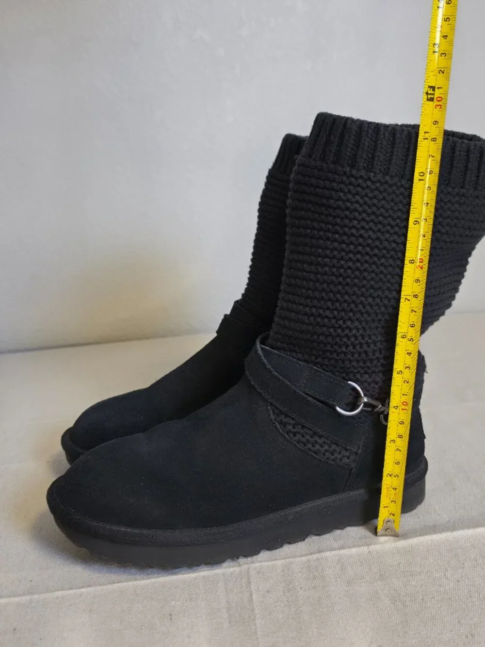 UGG Purl Strap Boot 1098080 Black Suede Knit Cuff Wool Lined Women's Size 10